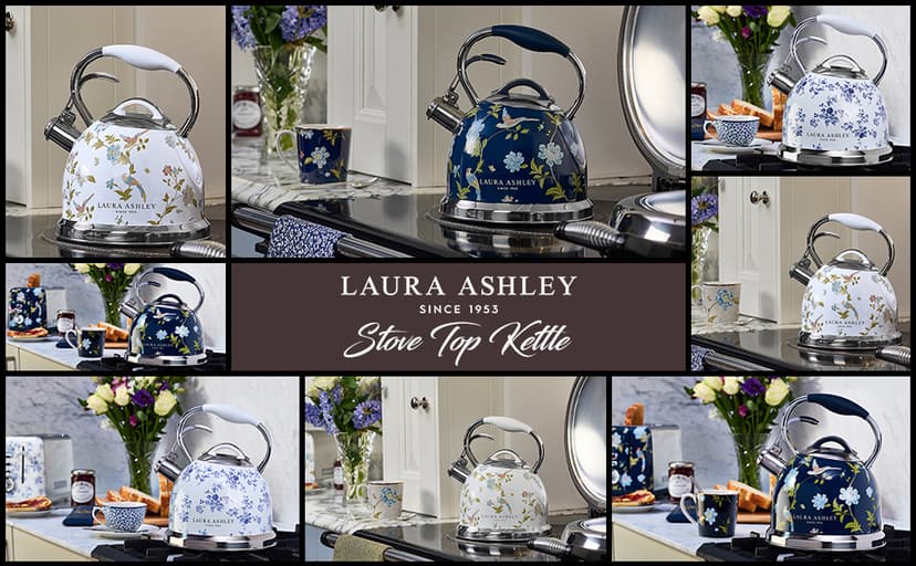 Laura Ashley Elveden White Stovetop Kettle with Whistle - 2.5L Fast Boil Stainless Steel Kettle Stove Top - Silicon Coated Cool Handle Camping Kettle for Gas, Induction Hob - Compatible with Aga Stove