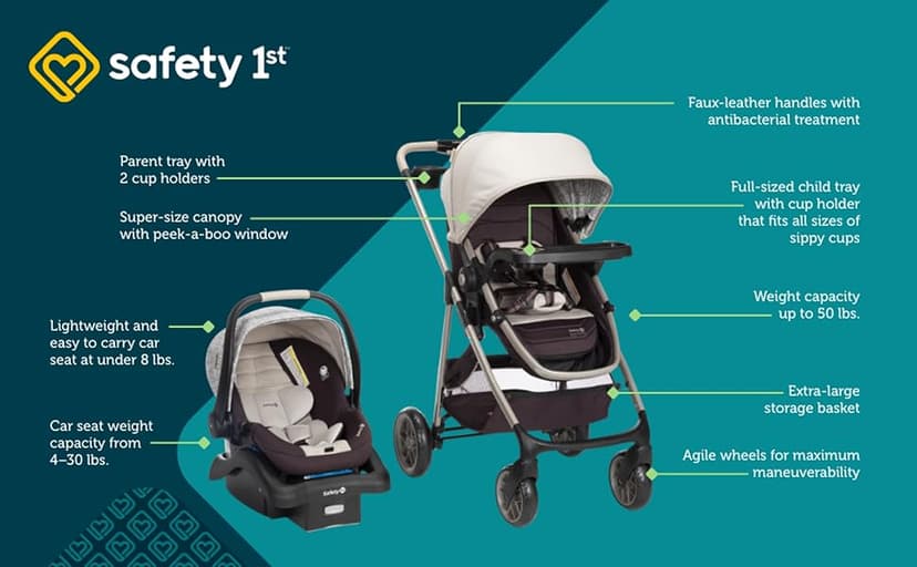 Safety 1st Deluxe Grow and Go Travel System Stroller and Car Seat Combo, 8-in-1 Travel System, Weight Capacity 4-30 lbs, Dunes Edge