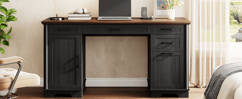 56" Large Modern Executive Desk, Farmhouse Computer Desk with File Drawers, Wood Home Office Desks with Charging Station, Adjustable Shelf, Storage Cabinet, for Writing Work Study (Black)