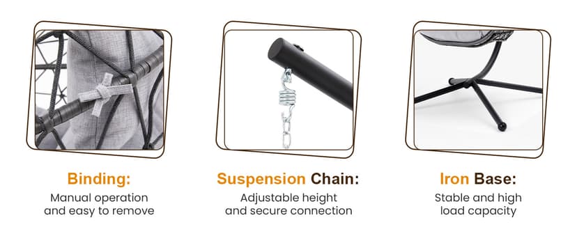 RoyalCraft Hanging Egg Chair Outdoor Swing Chair with Stand, Hammock Chair Indoor, Patio Boho Wicker Hanging Chair with Stand 350lbs Capacity for Garden, Balcony, Bedroom, Black & Gray