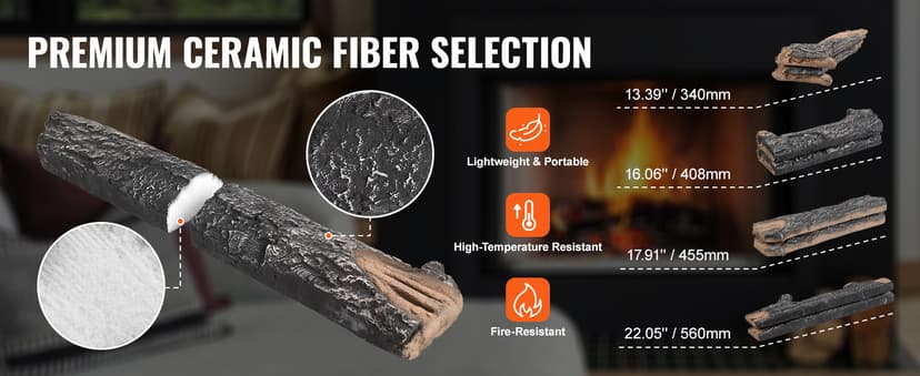 VEVOR 8 Pcs Oak Logs, Gas Fireplace Ceramic Logs for Fire Place, Heat-Resistant Wood Log Gas Realistic Logs, Stackable Wood Branches for Gas Fireplace, Firebowl Indoor or Outdoor