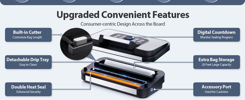 95Kpa Powerful Precision Pro Vacuum Sealer, with 10-in-1 Functions, Easy-Lock Handle, Double Heat Seal & Double Pump, Vacuum Sealer Machine for Food with Bags Storage, Built-in Cutter, Stainless Steel