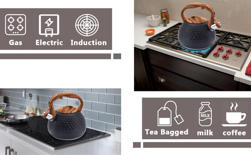 GGC Tea Kettle for Stove Top, Loud Whistling Kettle for Boiling Water Coffee or Milk, 3.1 Quart 3L Heavy Stainless Steel Black Kettle with Wood Pattern Handle, Unique Button Control Kettle Outlet
