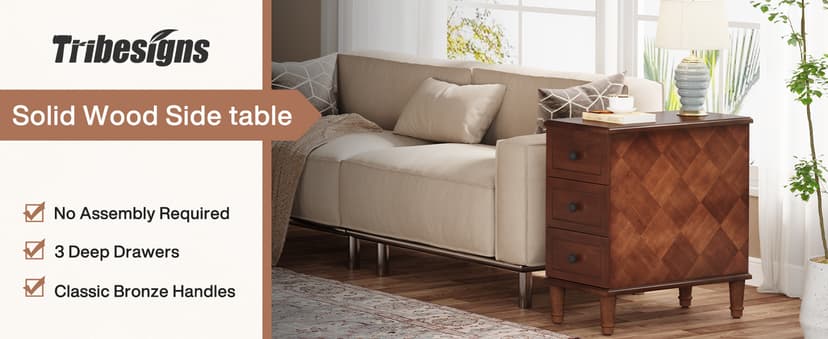 Tribesigns Solid Wood End Table, Fully Assembled Narrow Side Table with Drawers, Pre-Assembled Nightstand Slim Bedside Table for Small Spaces, Living Room, Bedroom, Brown