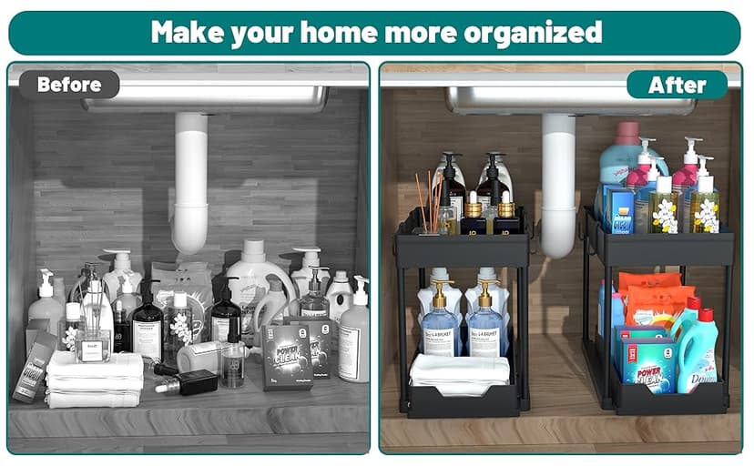 2 Pack Under Sink Organizer, 2 Tier Bathroom Cabinet Organizer with Sliding Basket, Multi-Purpose Under Sink Organizers and Storage for Bathroom Kitchen