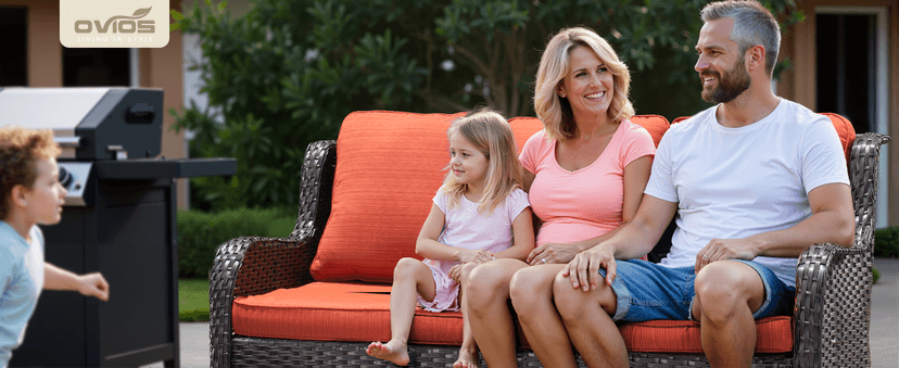 ovios 7 Pieces Patio Furniture Set, Outdoor Wicker Sofa Couch with Swivel Chairs 42" Fire Pit Table, All Weather High Back Modern Conversation Sets, Brown Rattan, Orange Red