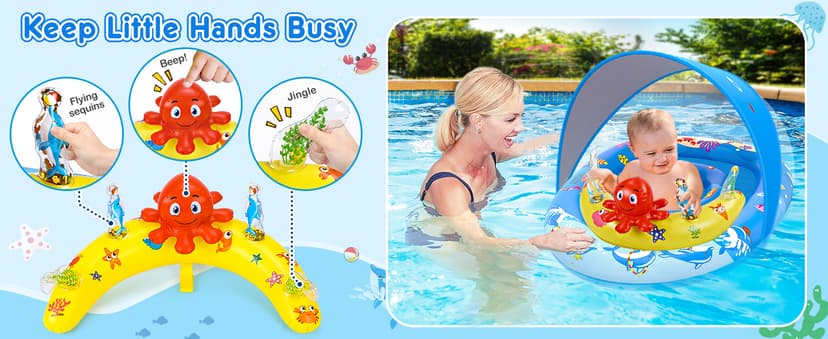 EZIGO Baby Pool Float with Canopy UPF50+ Sun Protection, Inflatable Kids Pool Floats with Ocean Animal Toys for Baby 6-36 Months, Infant Swimming Float with Adjustable Safety Seat for Boys Girls
