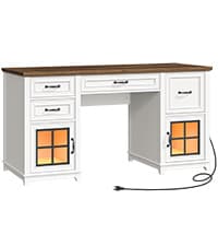 55'' Farmhouse Executive Desk with Drawers, Computer Desk with File Cabinet and Side Bookshelf, Writing Gaming Desk with Monitor Stand & Charging Station, White and Walnut
