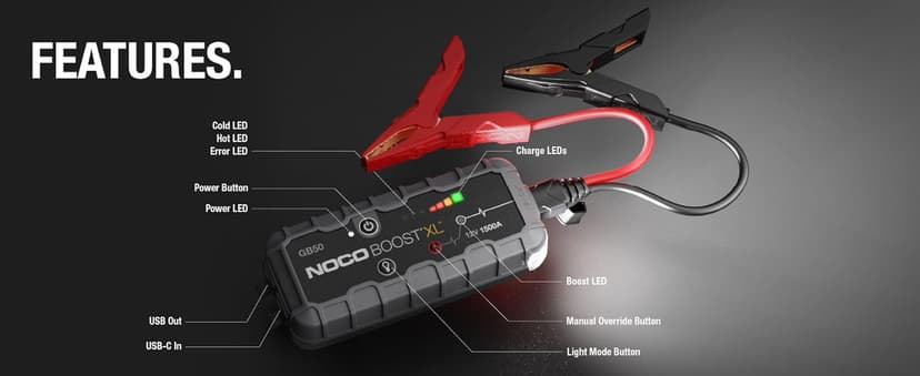 NOCO Boost GB50: 1500A UltraSafe Jump Starter – 12V Lithium Battery Booster Pack, Portable Jump Box, Power Bank & Jumper Cables - For 6.0L Gas and 3.0L Diesel Engines