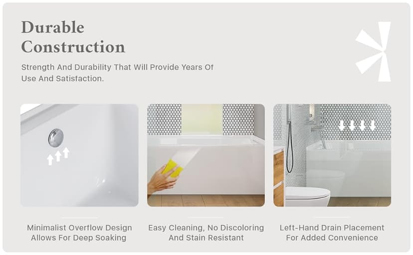 Eviva Nova 60" White Acrylic Free Standing Tub for Bathrooms - White Bathtub with Chrome Left-Hand Drain - luxurious Bathtubs - 60 inch Bathtubs for Bathrooms