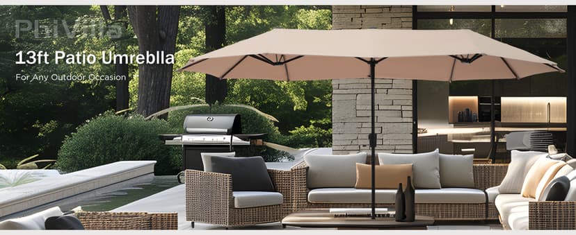 PHI VILLA 13ft Large Patio Umbrella Double-Sided Twin Outdoor Market Umbrella with Crank, Beige