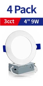 Meconard 4 Pack 4 Inch LED Recessed Ceiling Light with Junction Box, 3000K/4000K/5000K Selectable, 9W=75W 750LM, Dimmable Canless Downlights, ETL and Energy Star Listed
