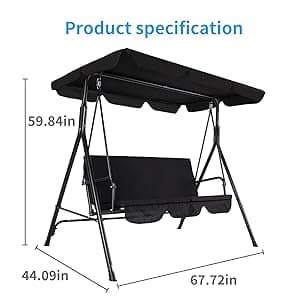 3-Seat Patio Swing Chair,Outdoor Porch Swing with Adjustable Canopy and Durable Steel Frame for Patio, Garden, Poolside (Black)