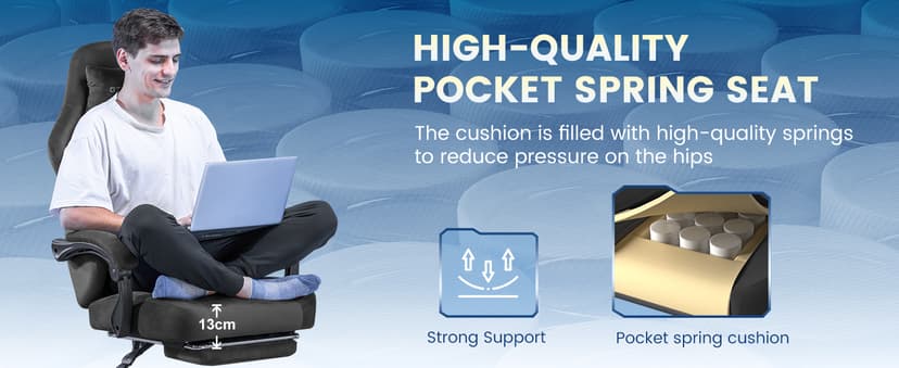 GTPLAYER Gaming Chair Fabric with Pocket Spring Cushion, Big and Tall Gamings Chairs 350LBS High Back Computer Chair with Footrest for Adults Lumbar Support Swivel Game Chair for Office Gaming Gray