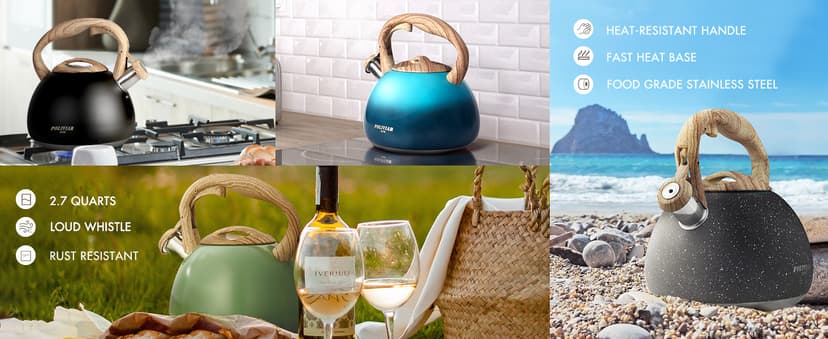 POLIVIAR Tea Kettle, 2.7 Quart Natural Stone Finish with Wood Pattern Handle Loud Whistle Food Grade Stainless Steel Teapot, Anti-Hot Handle and Anti-Rust, Suitable for All Heat Sources (JX2018-GR20)