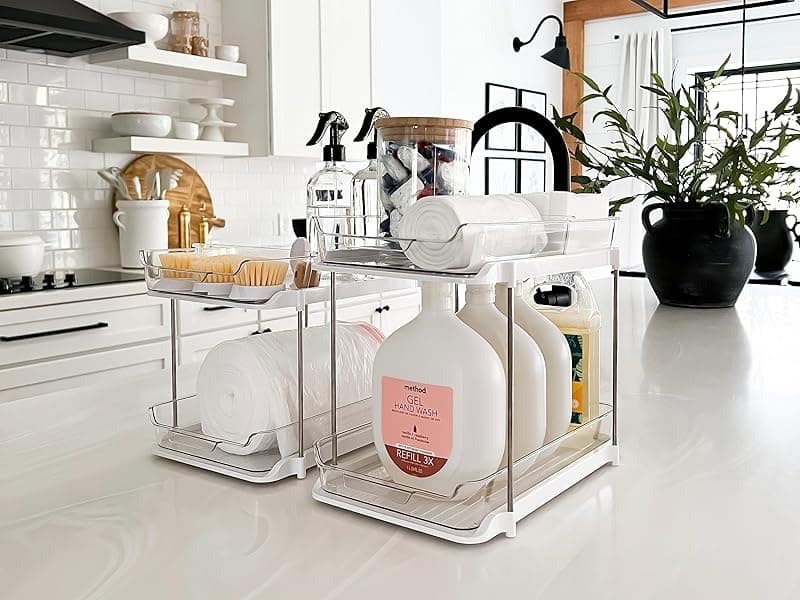 Delamu 2 Sets of 2-Tier Multi-Purpose Bathroom Under Sink Organizers and Storage, Stackable Kitchen Pantry Organization, Pull Out Medicine Cabinet Organizer with 8 Movable Dividers