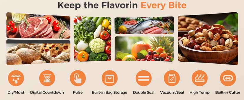 95kpa Vacuum Sealer Machine,Commercial Full Automatic Food Sealer,10-in-1 Sealing System with Double Heat Seal,Bags Storage, Easy-Lock Handle,Build-in Cutter,1 Bag Rolls and 10 pcs Pre-cut Bags