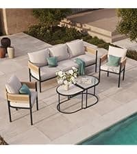 Grand patio 5-Piece Outdoor Furniture Set, 5 Seats Wicker Sofa Conversation Set with 3-Seat Couch, Thick Cushions and Coffee Table, for Backyard, Balcony, Garden (Beige)