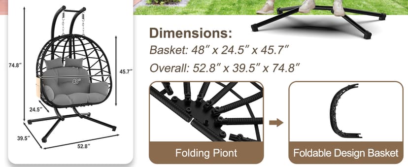 ZENPETIO Double Egg Chair with Stand, 2 Person Swing Egg Chair, Rattan Wicker Swing Chair with UV Resistant Cushion and Pillow, for Indoor Outdoor Bedroom Patio Hanging, Black