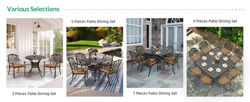VIVIJASON 9-Piece Outdoor Furniture Dining Set, All-Weather Cast Aluminum Patio Conversation Set, Include 8 Cushioned Chairs and an Oval Table with Umbrella Hole for Balcony Lawn Garden Backyard