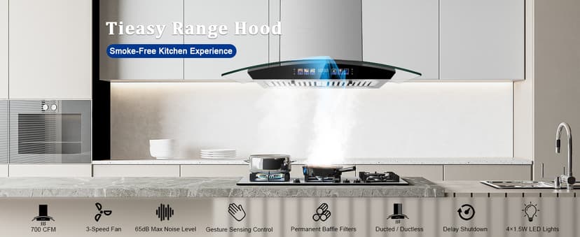 Island Range Hood 30 Inch 700 CFM Ceiling Mount Kitchen Vent Hood Tempered Glass with Color Gesture Sensing & Touch Control, 3 Speed Fan, 4 LED Lights, Permanent Filters