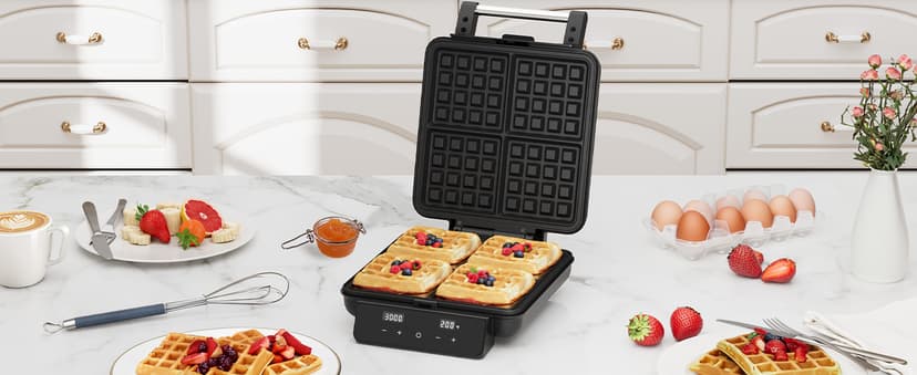 4-Slice Waffle Maker with Nonstick Surface, 1200W Waffle Iron, Time & Temperature Control, LCD Display, Perfect Waffle Maker for Kids and Families, Stainless Steel, Silver