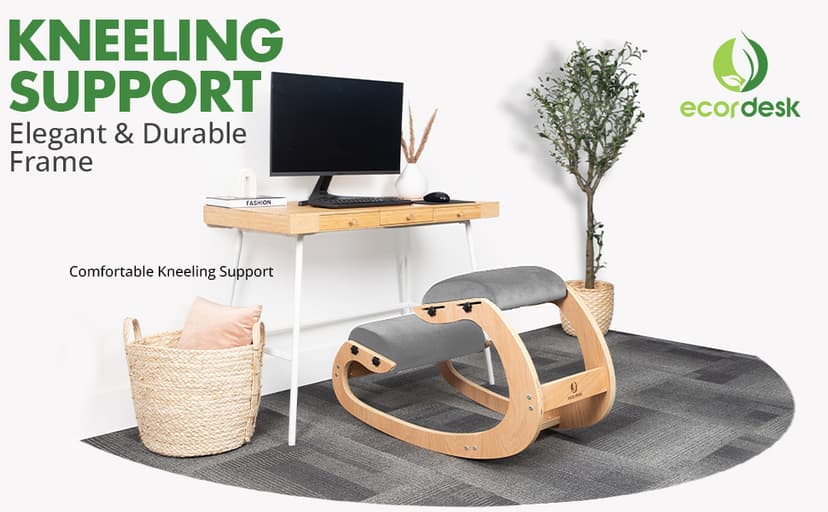 Ergonomic Kneeling Chair, Adjustable Seat - Office Chair for Desk, Posture Corrector, Premium Comfort Cushion, Wooden Rocking Knee Chair (Grey)