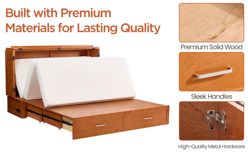 Murphy Bed Cabinet with Mattress, Queen Size Wall Beds with Large Storage Drawer and Charging Station, Hideaway Murphy Bed Chest for Home Office or Small Room (Gray)