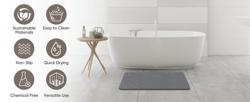 Stone Bath Mat Diatomaceous Earth Shower Mat Non-Slip Super Absorbent Diatomite Stone Mats for Bathroom Floor Quick-Drying Easy to Clean (24''*16'' Grey)