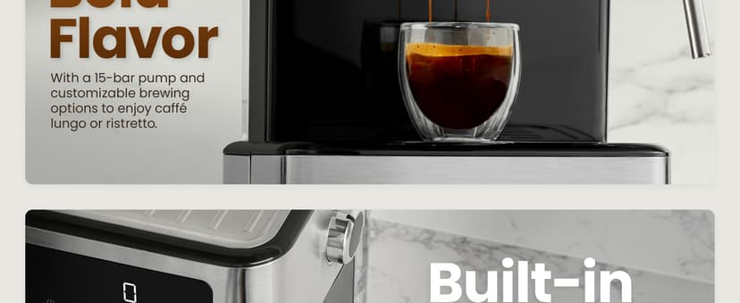 Chefman CraftBrew Espresso Machine, 15-Bar Pump Digital Espresso Maker w/Steam Wand for Latte & Cappuccino, Compact Espresso Coffee Machine w/ 1.5L Removable Water Reservoir - Stainless Steel