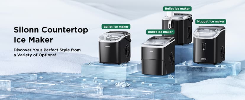 Silonn Ice Maker Countertop, 9 Cubes Ready in 6 Mins, 26lbs in 24Hrs, Self-Cleaning Ice Machine with Ice Scoop and Basket, 2 Sizes of Bullet Ice for Home Kitchen Office Bar Party
