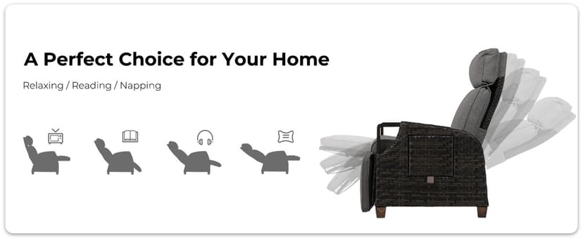 Grand patio Outdoor Recliner with Independent Adjustable Back and Footrest, Air Pump 150° Lay Flat Reclining Chair Removable Olefin Cushion Flip-Up Table Wicker Grey 1PC