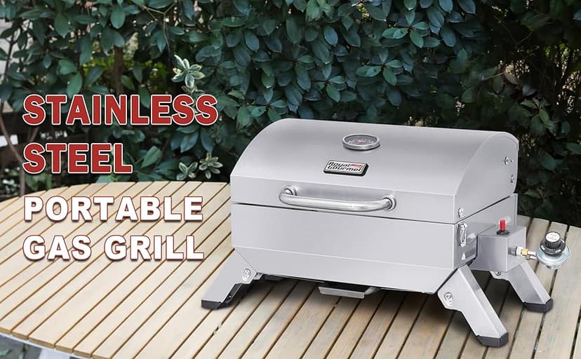 Royal Gourmet GT1001 Stainless Steel Portable Grill, 10000 BTU BBQ Tabletop Gas Grill with Folding Legs and Lockable Lid, Outdoor Camping, Deck and Tailgating, Silver