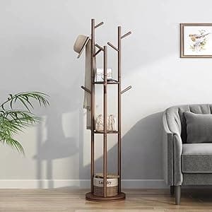Rotatable Coat Rack, Floor Standing Household Shelf, Solid Wood Frame Standing Coat Rack, Living Room Entrance Bedroom Riser Hanging Rack, Walnut Color