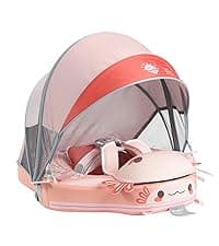 MAMBOBABYFLOAT Light Traveler 2025 — Safe, Comfortable, Adjustable Baby Pool Float with Canopy — Sun Protection, Self-Inflating, 5-Way Buckle System (Hot Air Balloon, Pink)