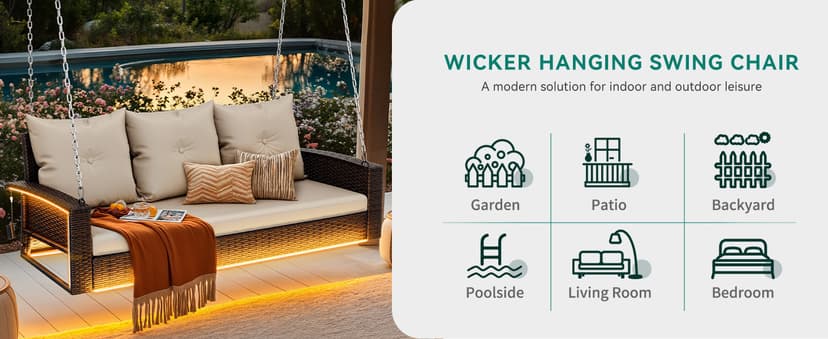 YITAHOME 3 Seats Patio Porch Swing, Outdoor Wicker Hanging Bench Rattan Chair Seat with LED Lights & Soft Cushions for Outside, Garden, Backyard, Lawn, Light Brown & Beige