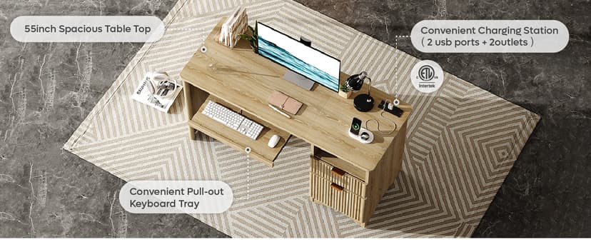 Bestier Computer Desk with Keyboard Tray, 55 inch Office Desk with Power Outlet, Modern Home Office Desk with File Drawer (Natual Oak, 55" W with Single-Sided Drawers)