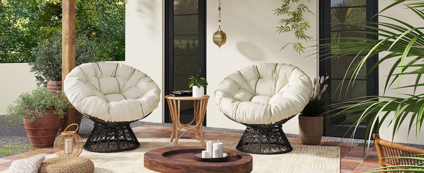 Yaheetech Indoor Papasan Chairs with Thick Tufted Cushions and Frame, Swivel Wicker Ergonomic Lounge Reading Chairs for Living Room/Bedroom, Beige