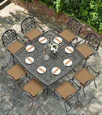 VIVIJASON 9-Piece Outdoor Furniture Dining Set, All-Weather Cast Aluminum Patio Conversation Set, Include 8 Cushioned Chairs and an Oval Table with Umbrella Hole for Balcony Lawn Garden Backyard
