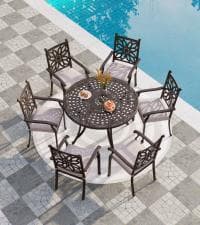 PHI VILLA Cast Aluminum Patio Dining Set for 6 Person, 7 Piece Outdoor Patio Set with 64" x 37" Cast-Top Aluminum Table(2.3" Umbrella Hole), 4 Dining Chairs and 2 Swivel Rockers with Seat Cushions
