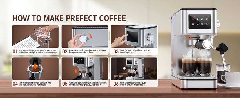 Espresso Machine with Milk Frother, 20 Bar Compact Espresso Maker with Touch Screen & 57.5oz Removable Water Tank for Home, Stainless Steel Coffee Machine for Cappuccino, Latte, Silver(updated)