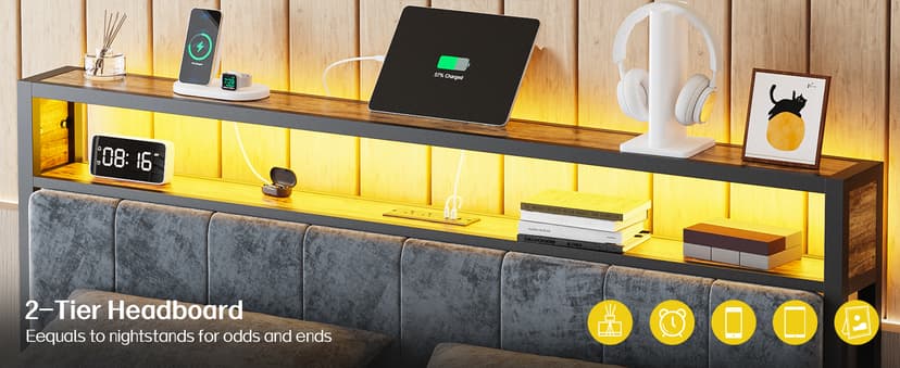 OLEVS Full Bed Frame with Headboard, Metal Platform Bed Full Size with 2-Tier Storage, LED Light & Charging Station Type C, No Box Spring Needed