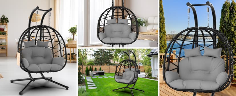 ZENPETIO Double Egg Chair with Stand, 2 Person Swing Egg Chair, Rattan Wicker Swing Chair with UV Resistant Cushion and Pillow, for Indoor Outdoor Bedroom Patio Hanging, Black
