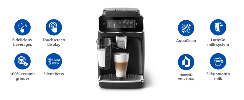 PHILIPS Series 3300 Fully Automatic Espresso Coffee Machine - 6 Hot & Iced Drinks, LatteGo Milk System, 40% Quieter SilentBrew, Ceramic Grinder, Aquaclean Filter, Glossy Black (EP3341/50)