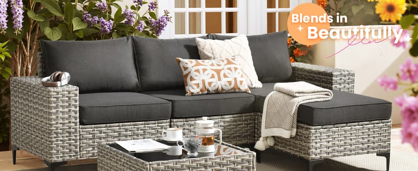 HOOOWOOO Outdoor Sectional Furniture Set,8 Pieces Wicker Patio Conversation Sets,L Shape All Weather Outside Couch Sofa Set with Swivel Chairs Ottoman,Black