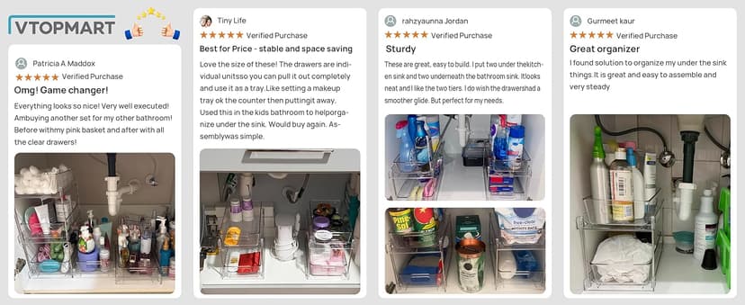 Vtopmart 4 Pack Bathroom Organizer, 2 Tier Clear Under Sink Organizers Vanity Countertop Storage Container,Cabinet Drawers Bins, Pull-Out Organization with Track for Pantry, Kitchen