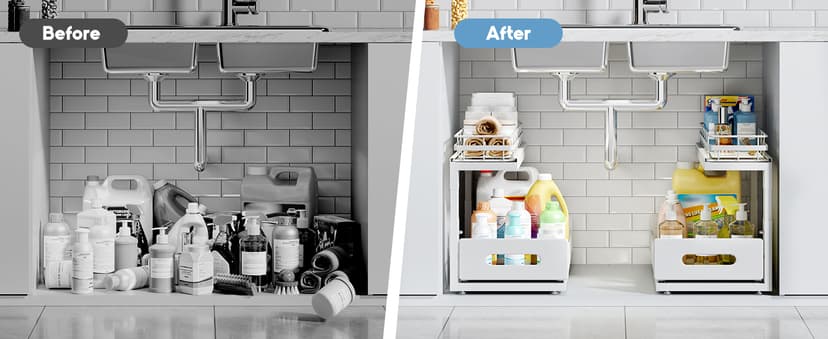 2 Pack Under Sink Organizer with Smooth Ball Bearing Slides, 2-Tier Pull Out Cabinet Storage, Slide Out Drawers for Bathroom and Kitchen, Under Sink Shelf, Rust-resistant Coating, Height Adjustable