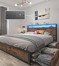 Lifezone Queen Bed Frame with 2-Tier Storage Headboard, Metal Platform Bed Frame with 4 Storage Drawers, Built in Charging Station & LED, Noise-Free/Metal Support/No Box Spring Needed, Vintage Brown