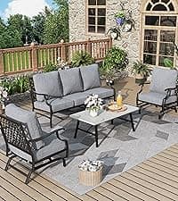 Patio Furniture Set 7 pcs, Outdoor Patio Furniture, 3-Seat Sofa, 2 Single Chairs, 2 Swivel Chairs, 2 Ottomans and 5.75" Extra Thick Cushion, Patio Conversation Set for Backyard Deck,Grey