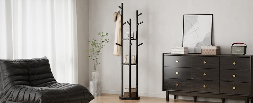 KungFuWood Coat Rack, Solid Wood Rotary Coat Rack Stand, Freestanding Coat Rack with 3 Shelves and 9 Hooks, Sturdy and Easy to Assemble Coat Tree for Entryway, Bedroom, Coats, Bags (Black)